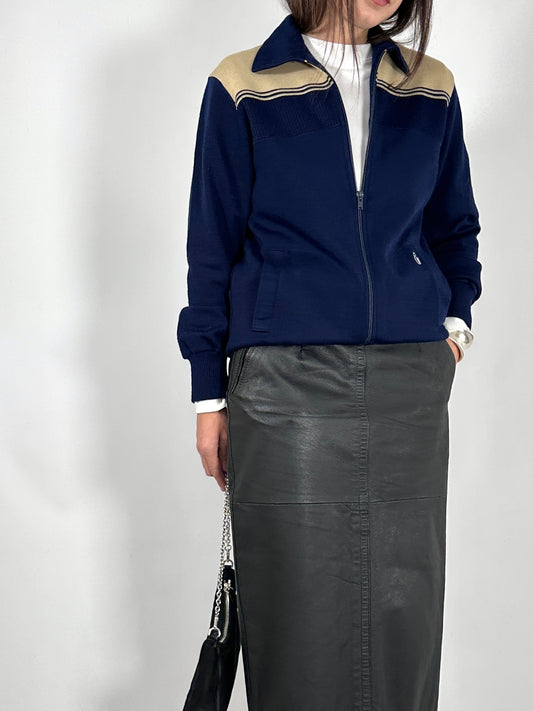 Navy Two-Tone Retro Zip-Up Cardigan