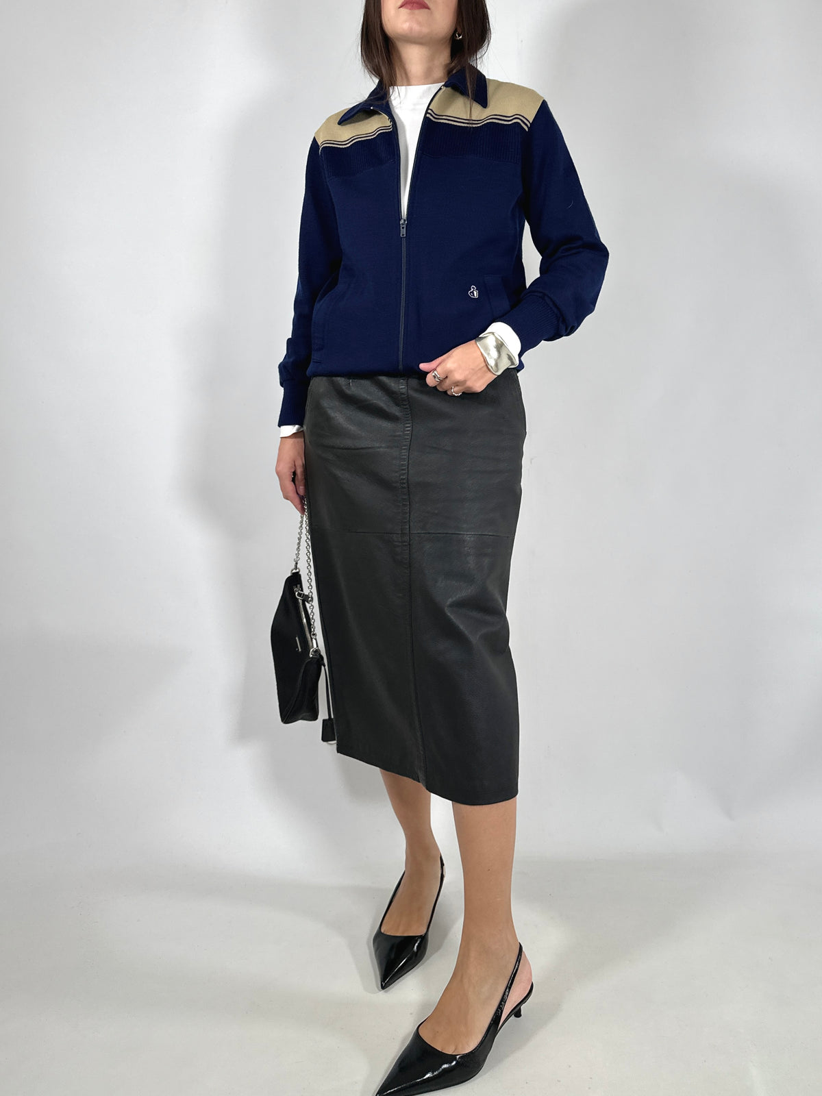 Navy Two-Tone Retro Zip-Up Cardigan