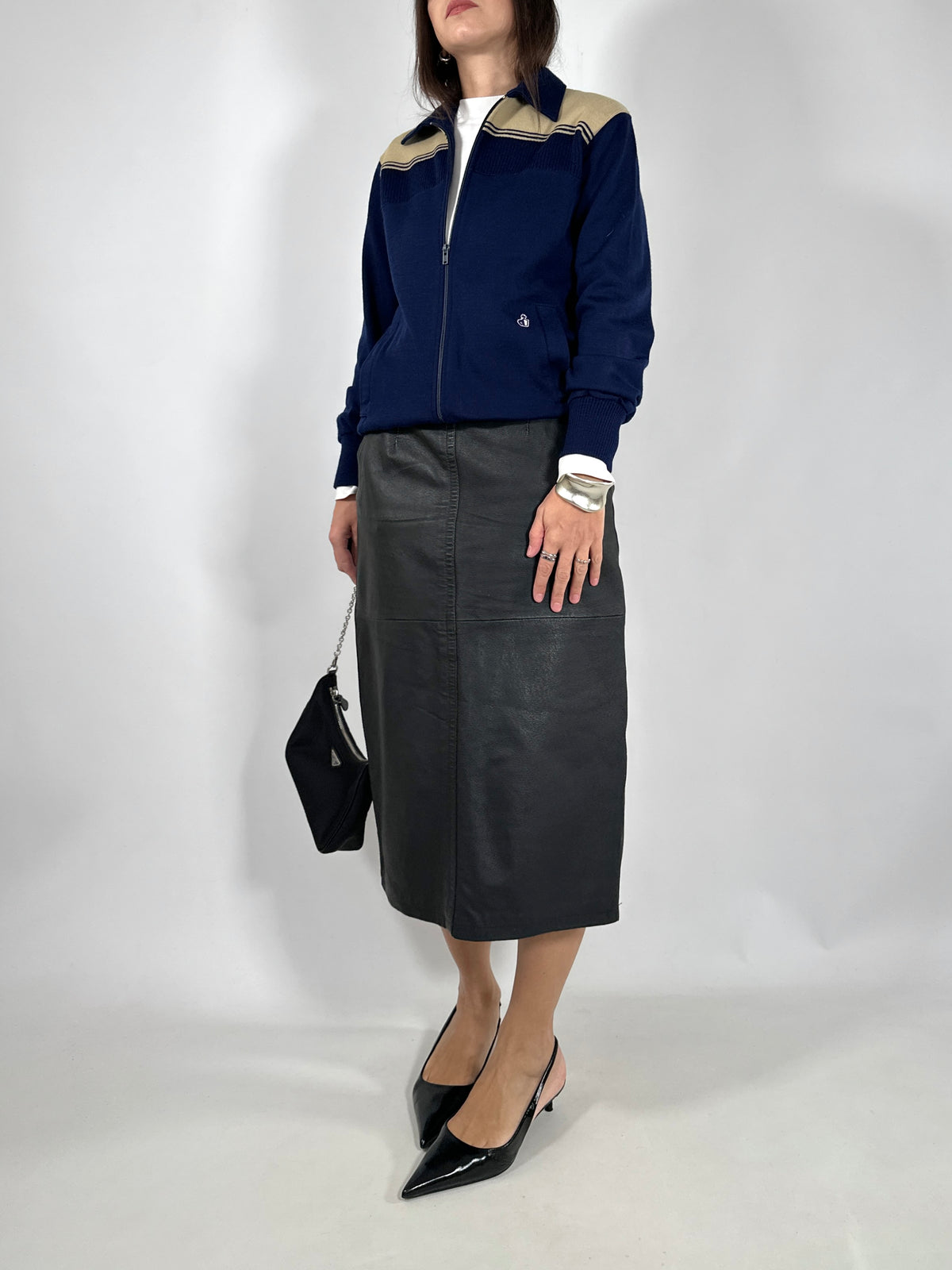 Navy Two-Tone Retro Zip-Up Cardigan