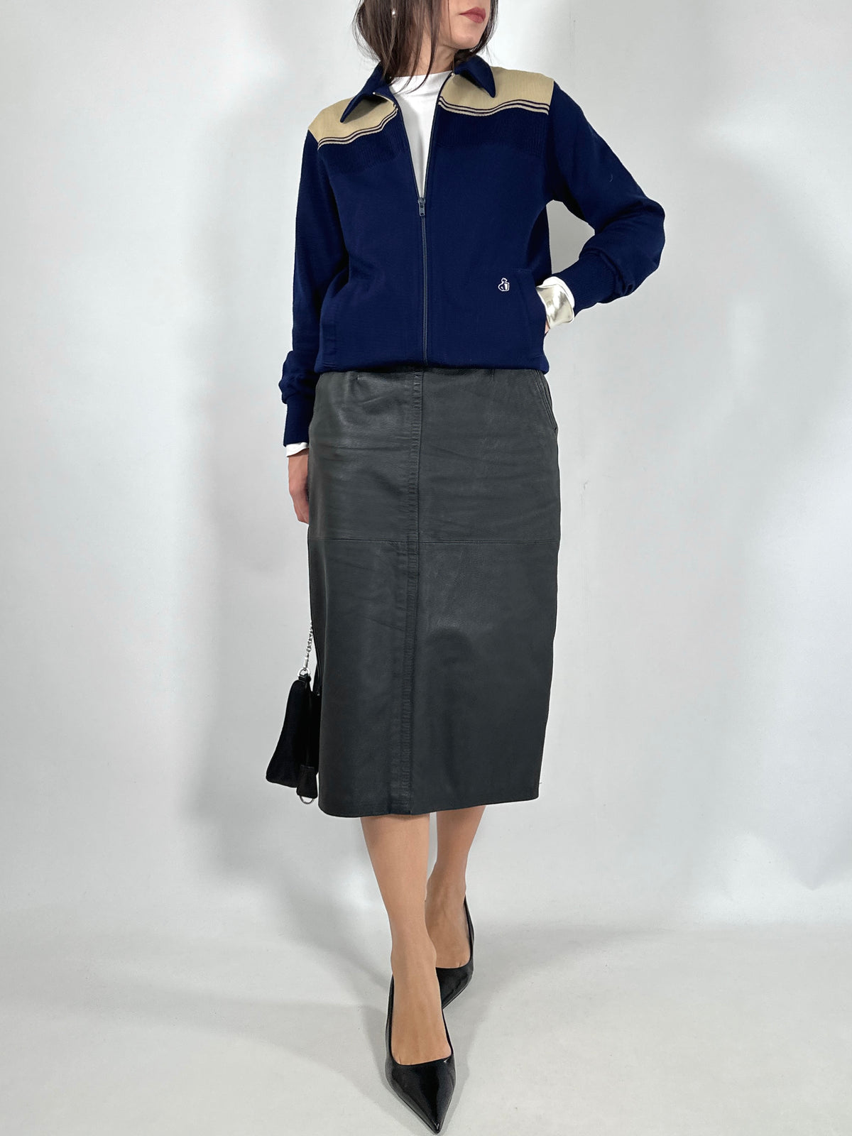 Navy Two-Tone Retro Zip-Up Cardigan