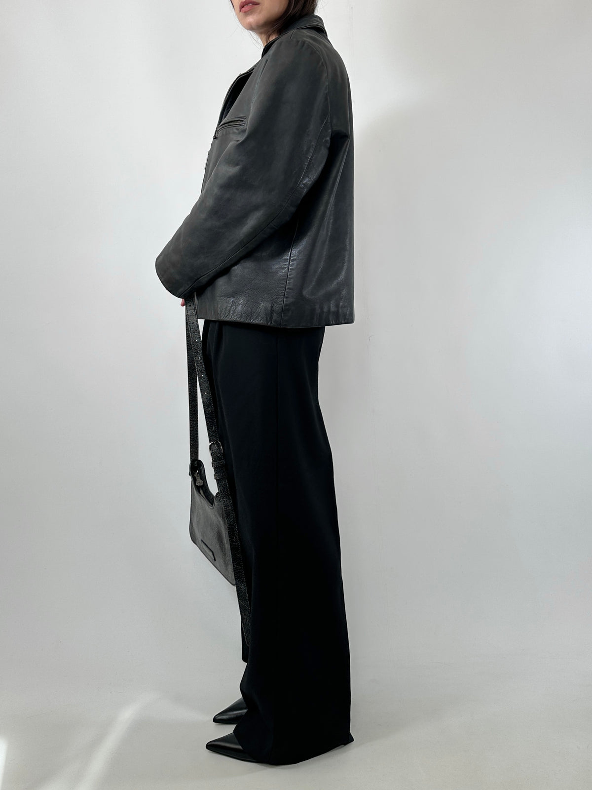Grey Leather Zip-Up Jacket
